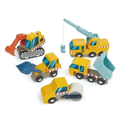 Image of Tender Leaf Toys Construction Site Set of 5 Wooden Vehicles including an Excavator, Crane Truck, Road Roller, Dump Truck and Front Loader