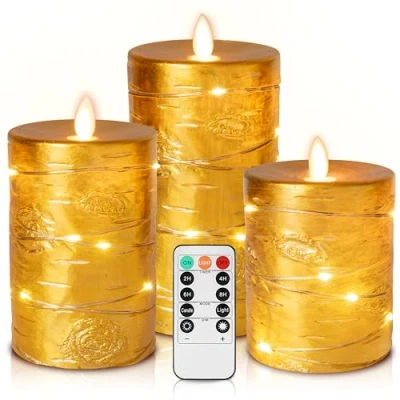 Image of Da by Golden LED Candle, Battery Candle with Recessed String Light, 3 Piece Flameless 11 Keys Remote Control, 24 Hour Timer Function, Dancing Flame, Real Wax (Without Battery)