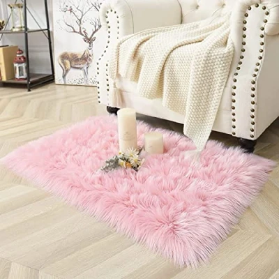 Image of HLZDH Faux fur Soft Fluffy single sheepskin stule Style Rug, Fleece Chair Cover Seat Pad Shaggy Area Rugs For Bedroom Sofa Floor (Rectangular pink, 60 X90 CM)