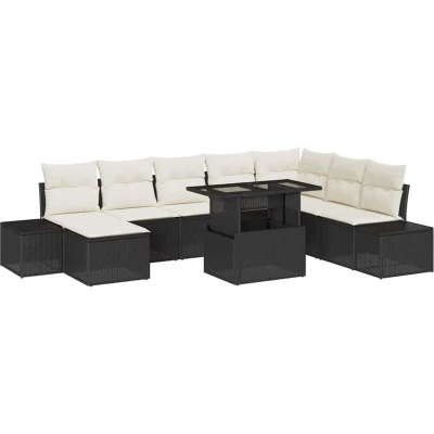 Image of vidaXL 9 Piece Garden Sofa Set with Cushions Black Poly Rattan