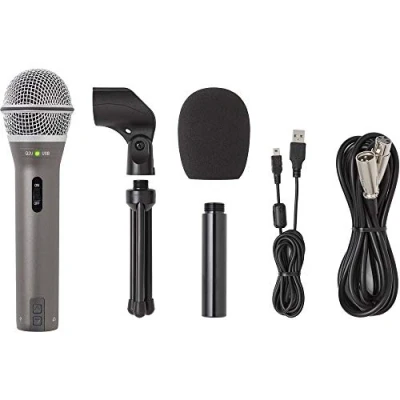 Image of SAMSON Q2U Recording and Podcasting Pack USB/XLR Dynamic Microphone with Accessories (Includes Mic Clip, Desktop Stand, Windscreen Cables), 16 bit, 44.1kHz/48kHz, Silver