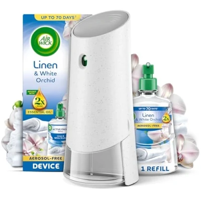 Image of Air Wick Linen &amp; White Orchid Aerosol Free Automatic Spray Kit, Lasts up to 70 days, Freshener