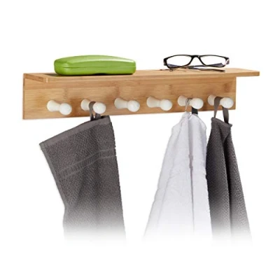 Image of Relaxdays Bamboo Towel Hooks, HxWxD: 10 x 50 9 cm, Wall Mounted Hanger with 6 Wooden, Bathroom Rack, Natural Brown