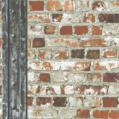 Image of Loft Brick Effect Wallpaper Orange Grey Stone Slate Rustic Weathered Beam Y�L