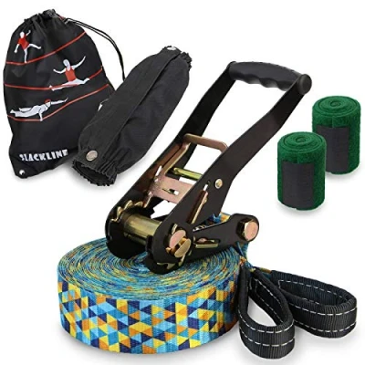 Image of ALPIDEX Slackline Set 15 m + Tree Protection and Ratchet Protection, suitable for children, beginners advanced