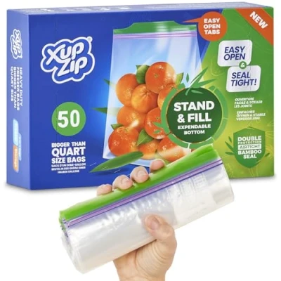 Image of 50 x Premium Food Storage Bags UK Half Gallon Size Freezer by XupZip™ Leakproof Reusable Airtight Snack Heavy Duty Plastic BPA Free Sandwich