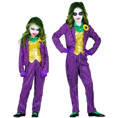 Image of Widmann 08036 Children&#039;s Evil Clown, Jacket with Blouse and Vest, Trousers, Gloves, Joker, Psycho, Killer, Costume, Fancy Dress, Theme Party, Carnival, Halloween, Unisex Kids, Multicoloured, 128