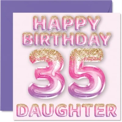 Image of 35th Birthday Card for Daughter Pink &amp; Purple Glitter Balloons Happy Cards 35 Year Old from Mum Dad Parents, 145mm x Bday Greeting Gift