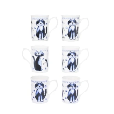 Image of (Item 2X) Kirsty Jayne China Set of 6 10Fl oz Bone Alley Cats Beakers, Mugs Gift Boxed (Set 6)