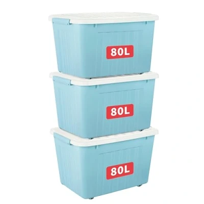 Image of Cetomo 80L*3 Aufbewahrungsboxen mit Deckeln, Kunststoff Aufbewahrungsbox Rollen und Clips, Kunststoffbox für Zuhause Büro, BPA frei, Nestbar, Stapelbar, Blau, 80L 3er Pack