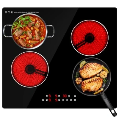 Image of Ceramic Hob,59cm Built in 4 Zones Electric Hob,6000W,Built Black Glass Cooker with Touch Control, Child Safety Lock, Timer