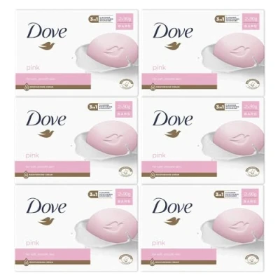 Image of Dove Pink Moisturising Beauty Cream Bar 3 in 1 Cleanses, Moisturises and Nourishes Soap for Soft, Smooth Skin Vegan, Crealty Freee Dermatologically Tested 2x90g, 6 Pk