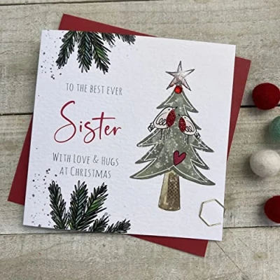 Image of SISTER GREEN TREE &amp; ROBINS CHRISTMAS CARD, HANDMADE BY WHITE COTTON CARDS (C22 44 XC22 44)
