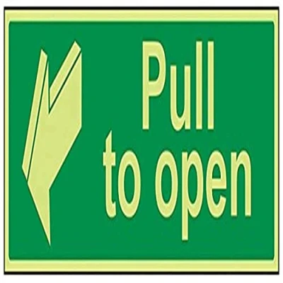 Image of V Safety Glow In The Dark Pull To Open Door Sign 450mm x 150mm Rigid Plastic