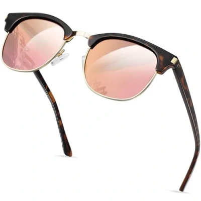 Image of KANASTAL Pink Sunglasses Womens Mirrored Ladies Polarised Leopard Vintage Retro Mens UV Protection Half Frame Tortoiseshell Lens