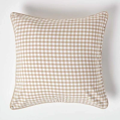 Image of HOMESCAPES 100% Cotton Gingham Check Large Cushion Cover 60 x cm Square 24 Inches Beige White Sofa Pillow Washable