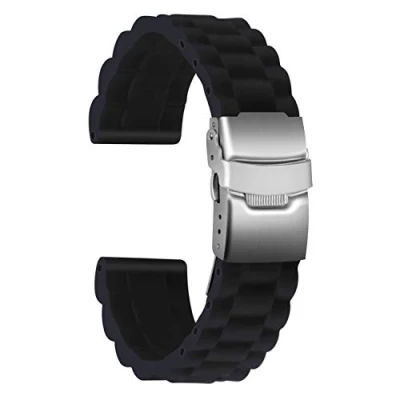 Image of ULLCHRO Silicone Watch Strap Replacement Rubber Band Waterproof Link Pattern 16mm, 18mm, 20mm, 22mm, 24mm Bracelet with Stainless Steel Deployment Buckle (18mm, Black)