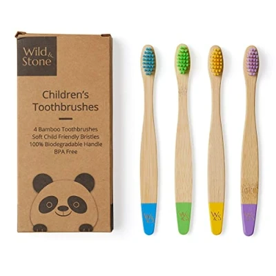 Image of Wild &amp; Stone Organic Children&#039;s Bamboo Toothbrush 4 Pack Soft Fibre Bristles 100% Biodegradable Handle BPA Free Vegan Eco Friendly Kids Toothbrushes (Multicolour)