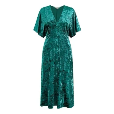 Image of Yumi Womens Green Velvet Kimono Midi Sleeve Dress Size 10 UK