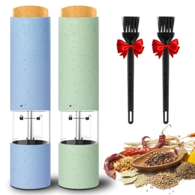 Image of Electric Salt and Pepper Grinder Set of 2, Automatic Operation Mill Sets with Adjustable Coarseness, Battery Powered, LED light, One Hand Blue Green