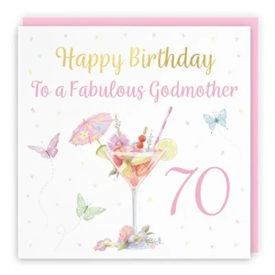 Image of Hunts England 70th Godmother Pink Cocktail And Butterflies Birthday Card Luxury Gold Foil Milo&#039;s Gallery Age 70 Drinks, Flowers, Hearts Elegant For Seventy