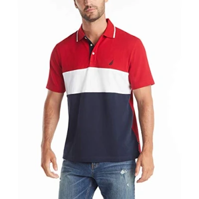 Image of Nautica Men&#039;s Short Sleeve 100% Cotton Pique Color Block Polo Shirt Red, XXL