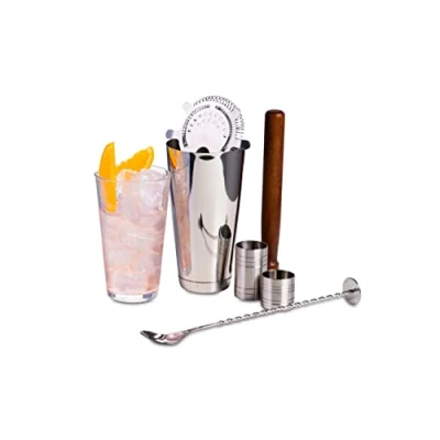 Image of bar@drinkstuff Home Cocktail Set Boston Shaker Making Kit in Recyclable Gift Box with Tin &amp; Glass, Hawthorne Strainer, Muddler, Twisted Mixing Spoon, 25ml 50ml Thimble Bar Measure