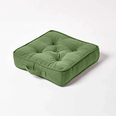Image of HOMESCAPES Rajput 100% Cotton Floor Cushion Dark Olive 40 x 8 cm Square Indoor Garden Dining Chair Booster Seat Pad