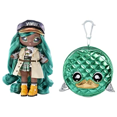 Image of Na! Surprise Glam Series 2 Mallory Duck Inspired Soft Plush Doll with Green Hair and Metallic Animal Clip On Bag Collectable Gift for Children Aged 5+