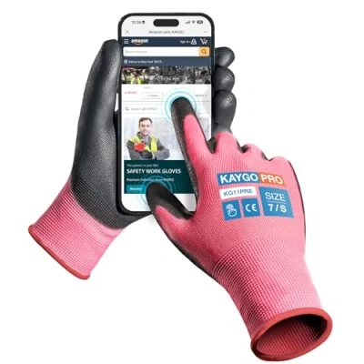 Image of KAYGO Work Gloves PU Coated 12 Pairs Touchscreen, KG11PFE, Safety Working with Secure Grip on Palm &amp; Fingers, for Men and Women, Ideal General Duty Work, Gardening (Small, Pink)