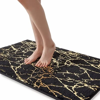 Image of QJHOMO Bath Mat Non Slip Washable Mat, Black Bathroom Rug, Gold Decorative Luxury Accessories, Soft Microfiber Absorbent for Bathtub, 60 x 90 cm