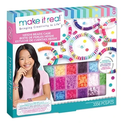Image of Make It Real Jewellery Making Bead Set with Heishi Beads, Silver Charms and Storage Case Great for Friendship Bracelets Arts Crafts Ages 8+