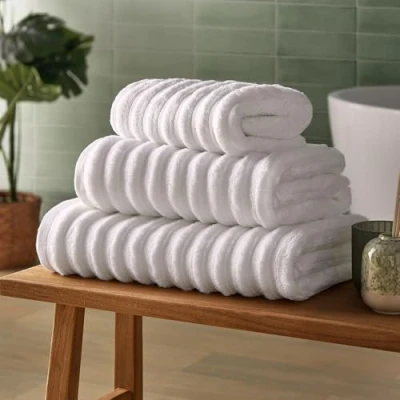 Image of Silentnight Ribbed Cotton Hand Towel Luxuriously Soft &amp; Super Absorbent Deep Thick Pile 100% BCI Textured Dense 90 x 50cm Machine Washable, White