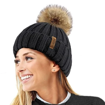 Image of TOSKATOK®Womens Warm Winter Hat Woolly Knitted Beanie with Detachable Chunky Faux Fur Bobble Pom Black