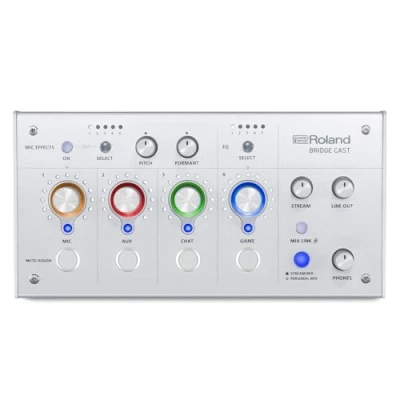 Image of Roland BRIDGE CAST Dual Bus Gaming Mixer in Ice White Pro Audio Streaming Interface and for Online Gamers 32 Bit Hardware DSP USB C Windows Mac Connectivity XLR Input Microphones
