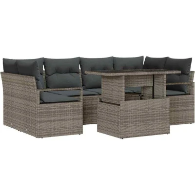 Image of vidaXL 7 Piece Garden Sofa Set with Cushions Grey Poly Rattan
