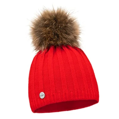 Image of ELIMELI® Cashmere Hat Women&#039;s Winter Warm Knitted Wool with Faux Fur Bobble Slouch Beanie Women for Made in EU, red, One Size Fits All