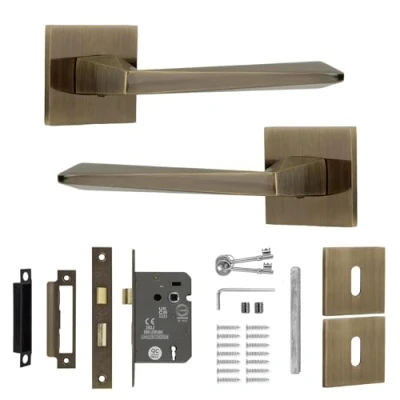 Image of Decoranddecor Antique Brass Door Handles Internal Aluminium Handle Sets for Wooden Interior Doors with Lock and Keys Leda Range