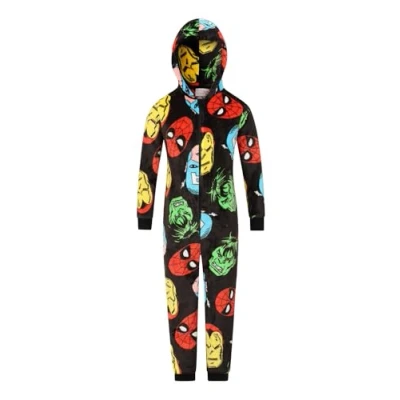 Image of Marvel Avengers Boys Girls Fleece Black AOP Sleepsuit Kids Spiderman Onesie (5 6 Years)