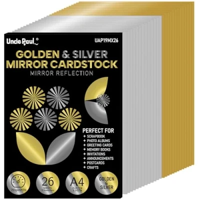 Image of A4 Golden &amp; Silver Mirror Cardstock 26 Sheets (13 Gold+13 Silver), 250gsm/92lb Metallic Foil Reflective Card Paper for Crafts Decoration UAP19MX26