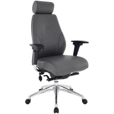 Image of BiGDUG Office Furniture Online Ergonomic Chair iTask 24/7 Executive Top Leather Posture 24 Hour Heavy Duty Shift Worker Adjustable Lumbar, Armrests, Headrest (Grey)