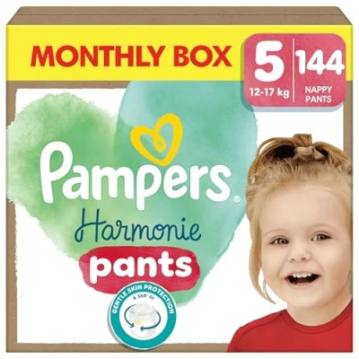 Image of Pampers Harmonie Nappy Pants Size 5, 144 Nappies, 12kg 17kg, Monthly Pack, Gentle Skin Protection 360 Comfort Fit