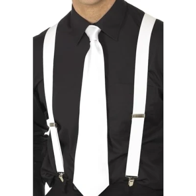Image of Smiffys White Elasticated Braces, with Metal Hold Clip, 1920&#039;s Razzle Fancy Dress, 1920s Dress Up Accessories