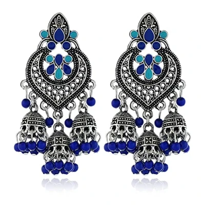 Image of LXJLXD Earrings,Fashion Earrings,Retro Indian Bollywood Earrings Ethnic Earring Jhumka Drop Jewelry Decor for Girl(Royal Blue Ancient Silver)
