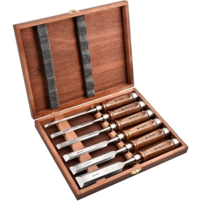 Image of EZARC 6pc Wood Chisel Set for Woodworking CRV Steel with Ash Handle in Wooden Presentation Box