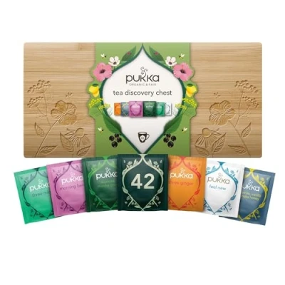 Image of Pukka Herbs Organic Herbal Tea Discovery Chest Gift Set Selection Box Ideal Gifts For Women &amp; Men Christmas, Birthday, Anniversary Self Care Reusable Sharing 42 Bags 6 Flavours