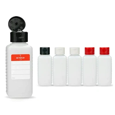 Image of Octopus 6 x 100 ml plastic bottles, HDPE bottles with colorful flip top cap, empty hinged square incl. labels