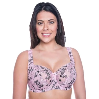 Image of Undercover Ladies Floral Embroidered Bra LG900 Pink (Black Flowers) 44D