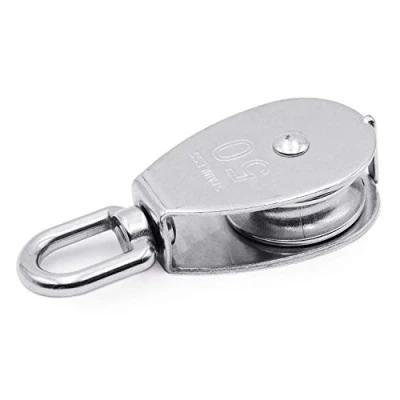 Image of Famgee 50 MM Silver Single Pulley Block 304 Stainless Steel M50 Wire Rope Sheave Roller Swivel Rigging Lifting Wheel Loading 400kg