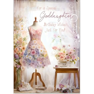 Image of doodlecards Goddaughter Birthday Card Dress making Medium Size with Plain Envelope